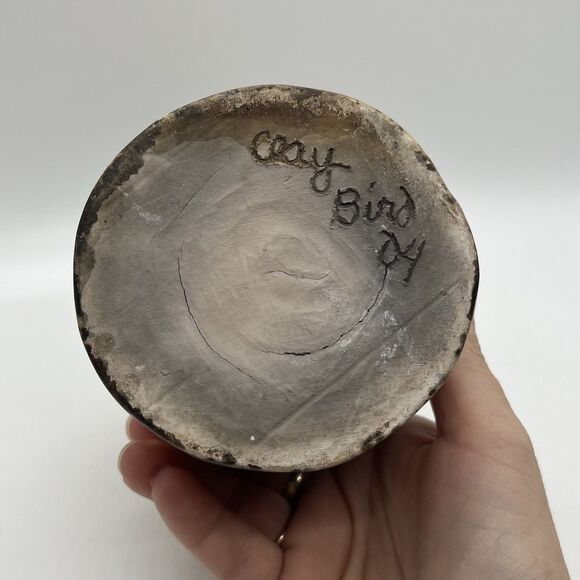 Vintage Signed Art Pottery Vase Vessel 4.5” Clay Bird Signed Rustic Primitive - Picture 8 of 8